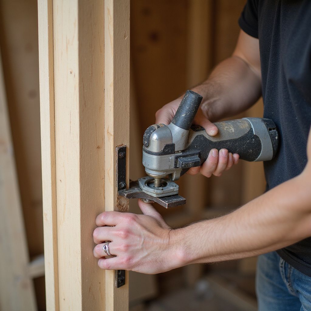 Person using a power tool to cut a metal hinge on a wooden door frame.