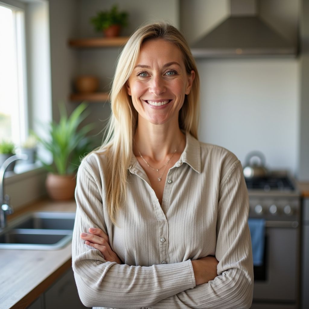 Woman with blonde hair smiling, arms crossed in a kitchen with a sink, stove, and plants.