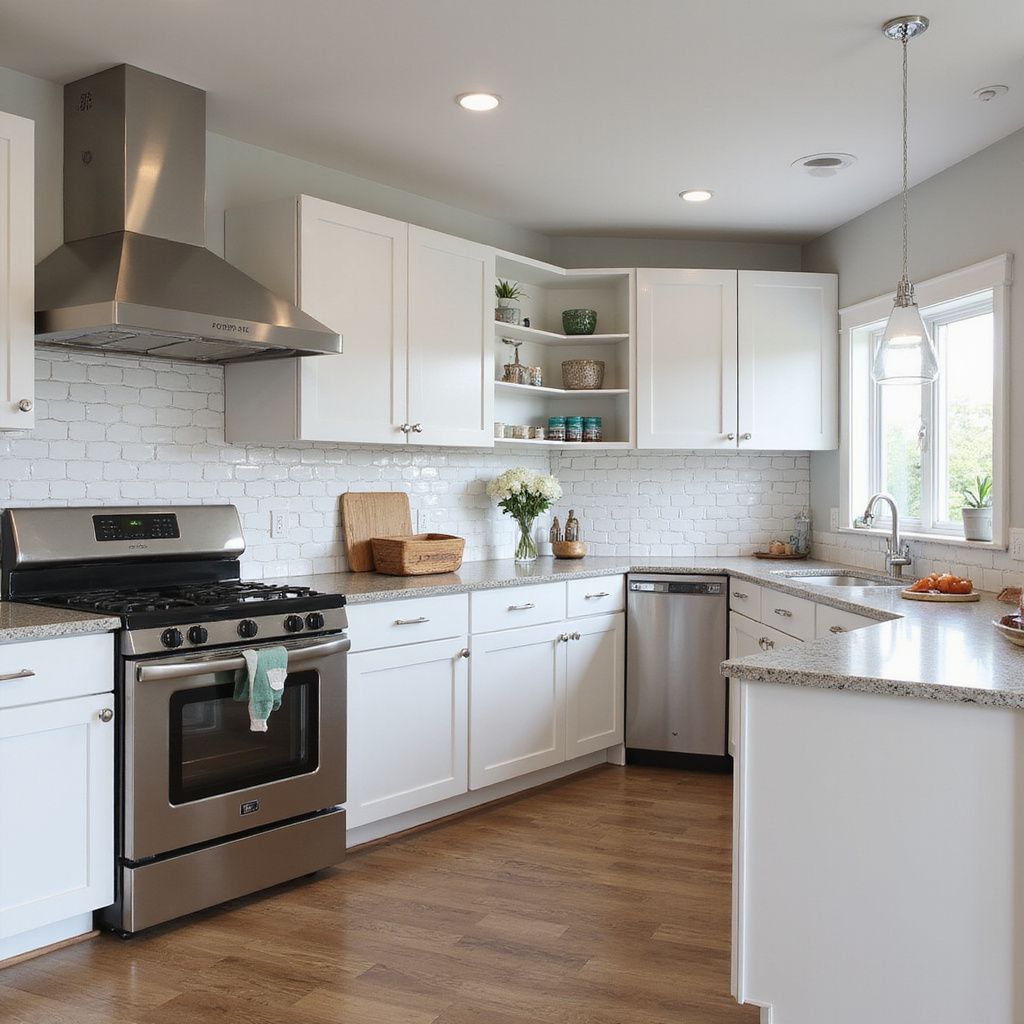 White kitchen with stainless steel appliances, white cabinets, brick-style backsplash, and light wood floors.