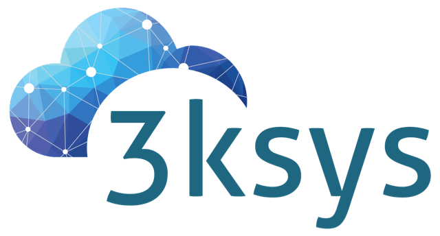 A blue and white logo for a company called 3ksys