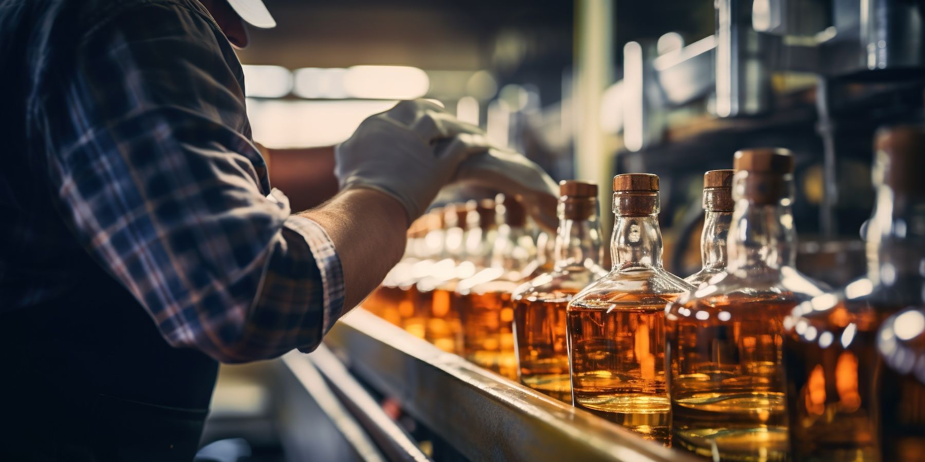 Man working on whiskey bottling line