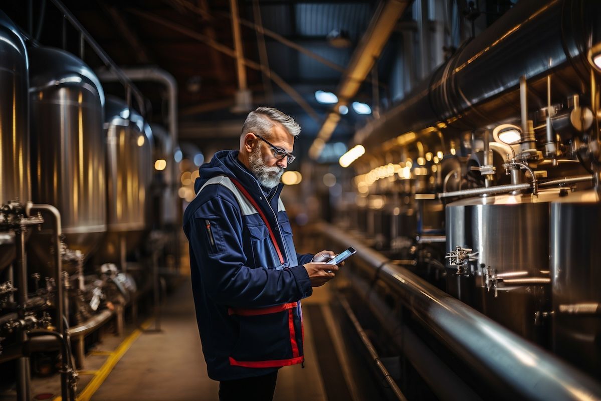 A man standing on a brewery production floor looking at data on a tablet. 