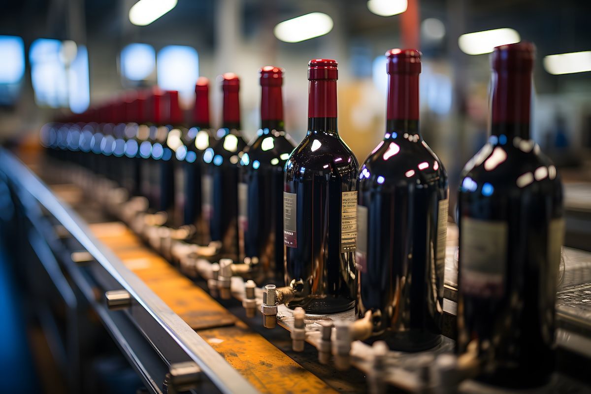 Red wine bottles on bottling line ready for packaging