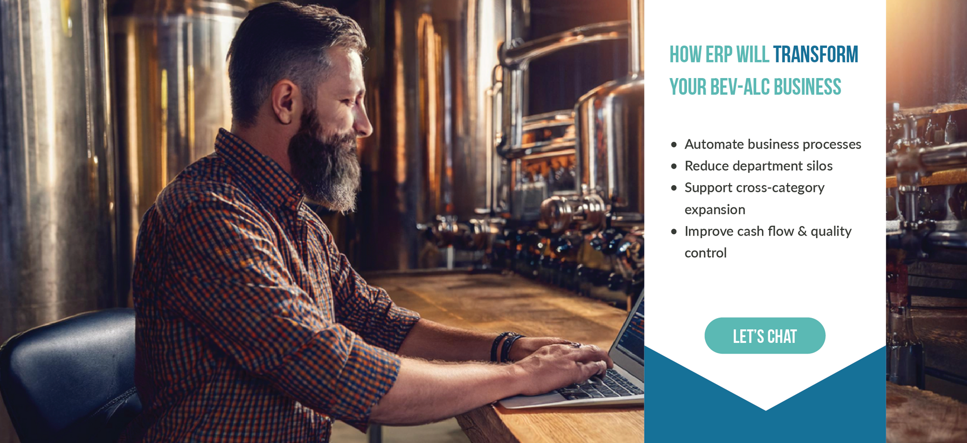 Man entering brewing data in ERP software and bullet points about how ERP will transform your business