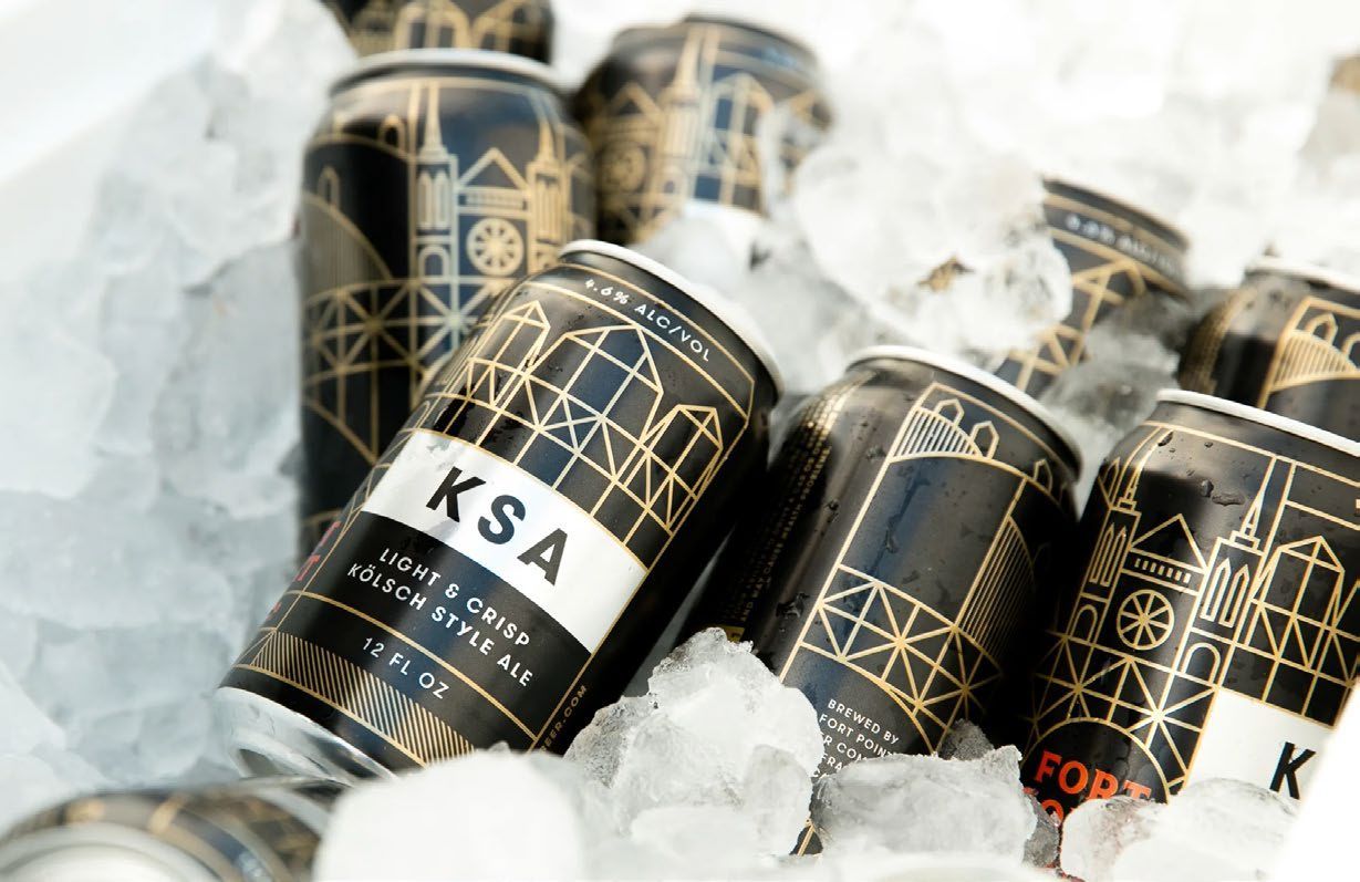 Fort Point KSA (Kolsch Style Ale) beer cans on ice