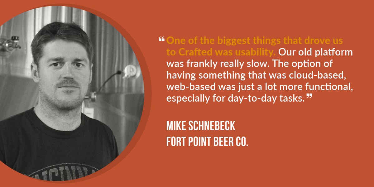 A photo of a man in front of beer tanks and a quote about brewery software