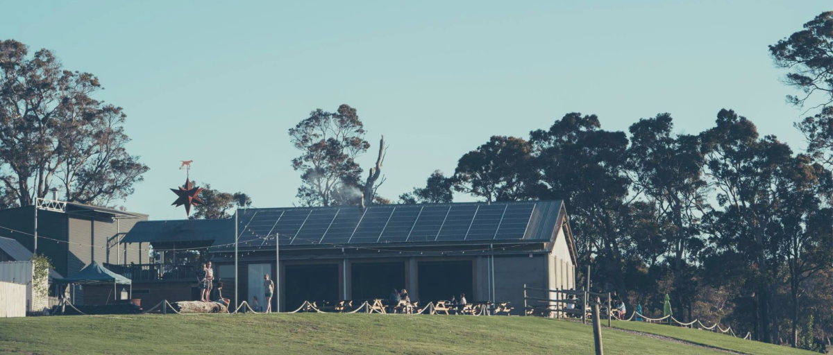 Beerfarm brewery exterior with trees in a greenfiled