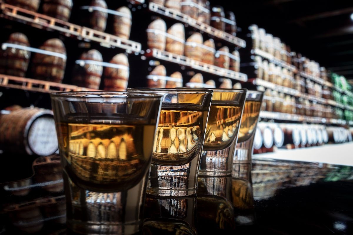 Shots of whiskey in a distillery