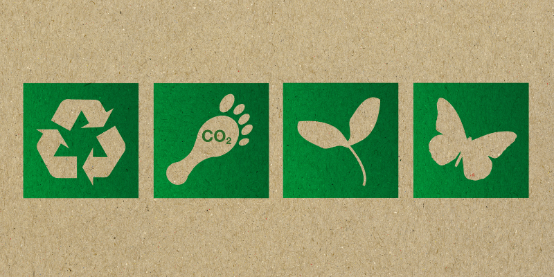 A recycling symbol a footprint a plant and a butterfly are on a piece of cardboard