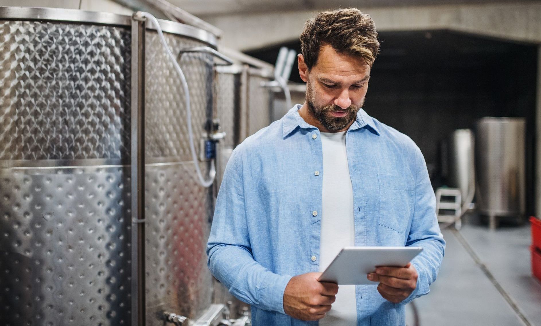 Winery employee working on tablet