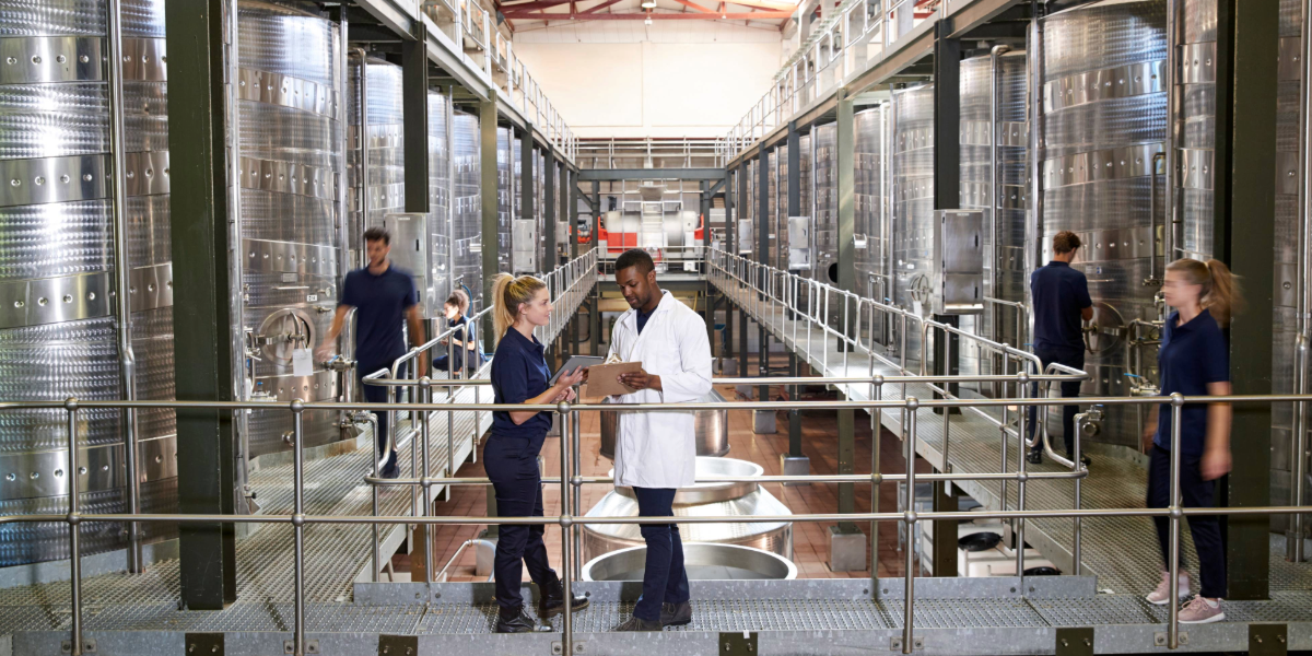 A man and a woman are standing next to each other in a winery tank room.