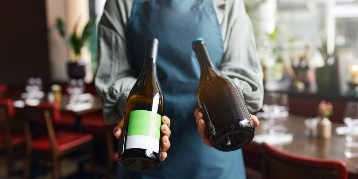 A winemaker is holding two bottles of wine in her hands in a tasting room.