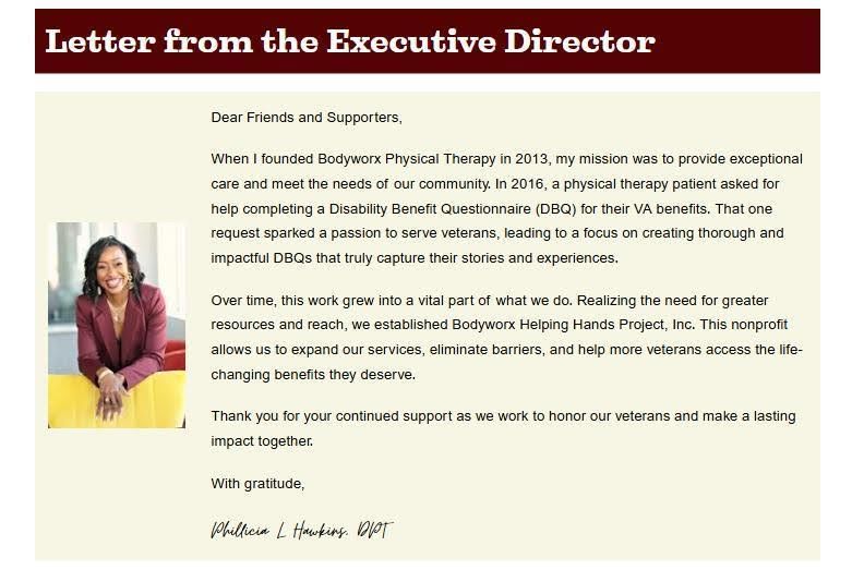 A letter from the executive director with a picture of a woman sitting at a table.
