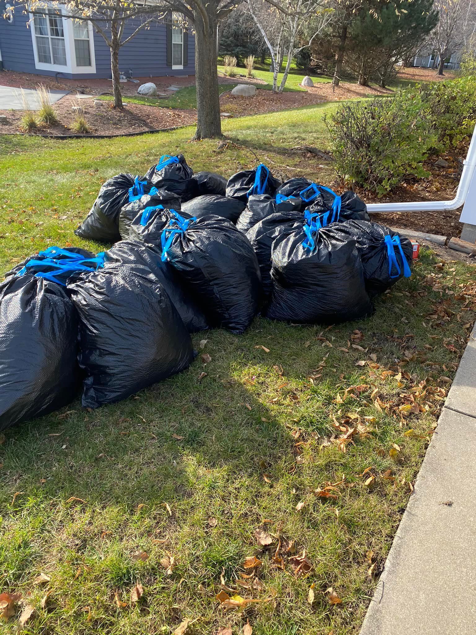 A bunch of trash bags are sitting on the grass in front of a house.