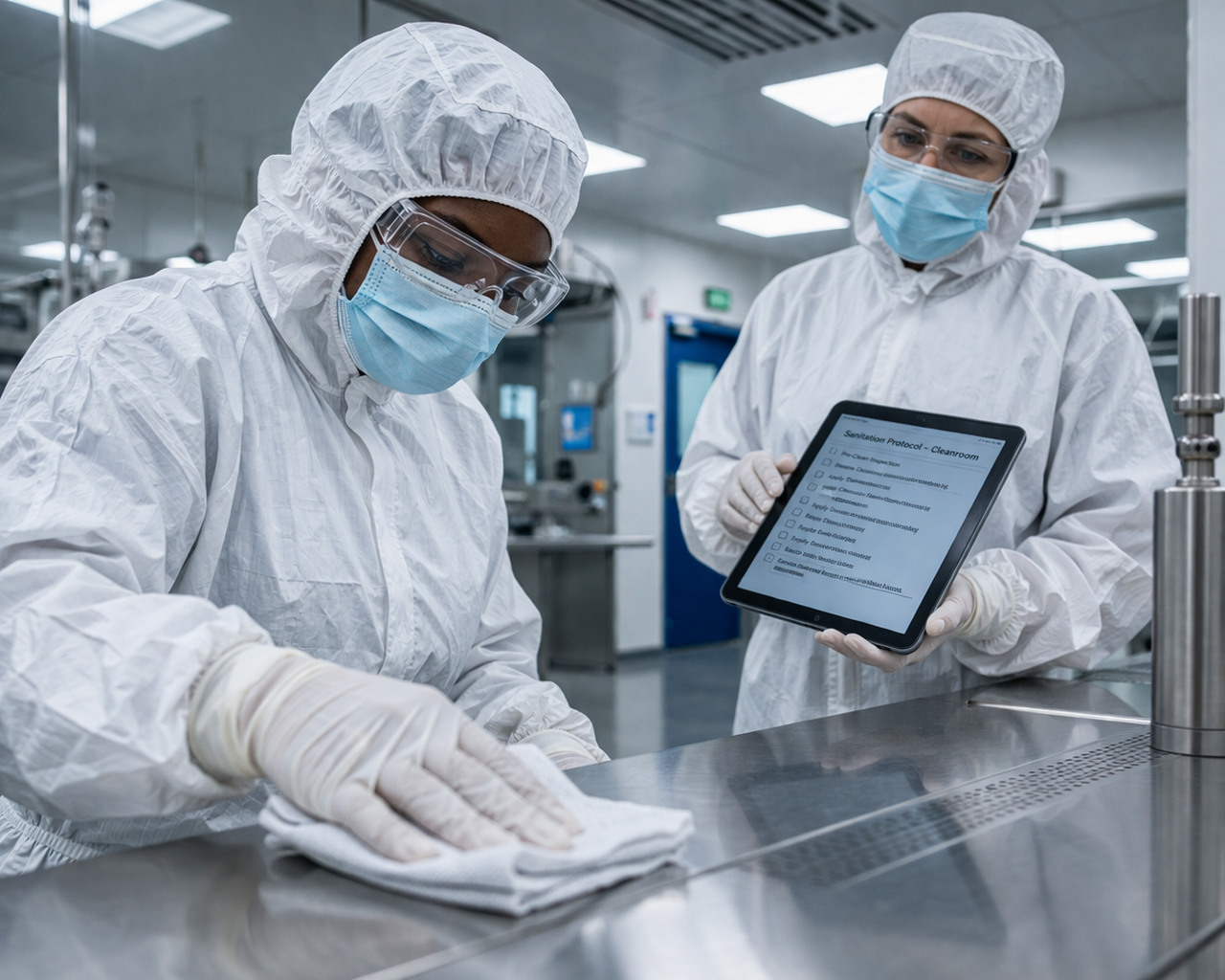 Biotech facility cleaning in Atlanta cleanroom technician and supervisor reviewing sanitation protoc