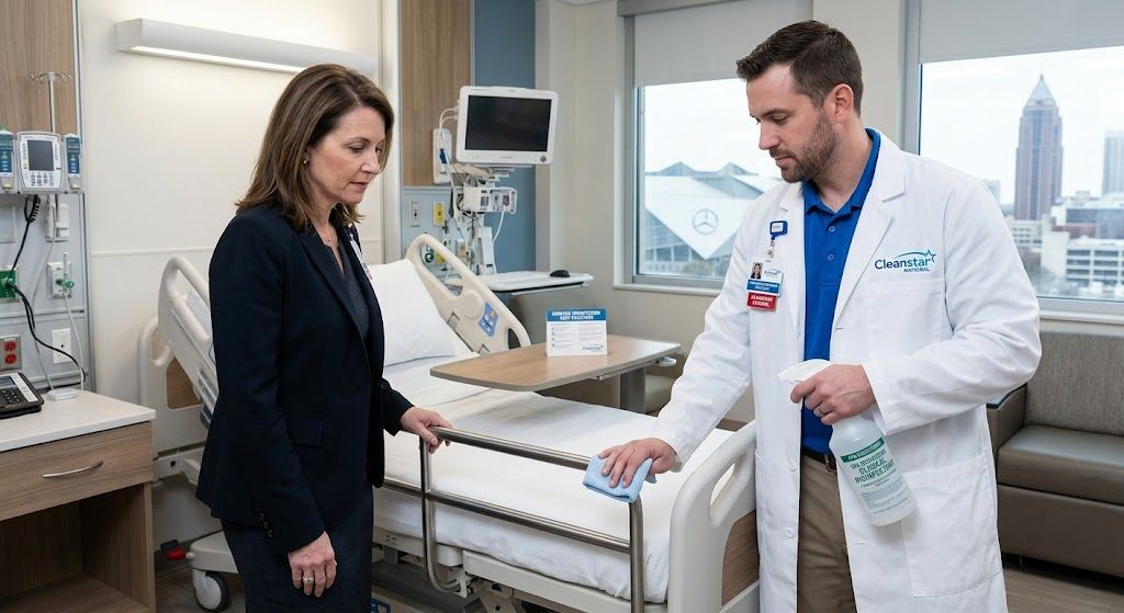 A Cleanstar National specialist demonstrates cleaning protocols on a hospital bed rail to an admin.