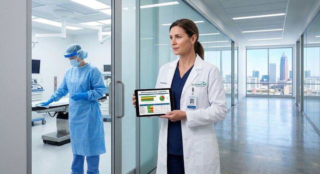 EVS Director in a hospital hallway holding a tablet showing 'JCAHO Compliance Data - Audit Ready'.