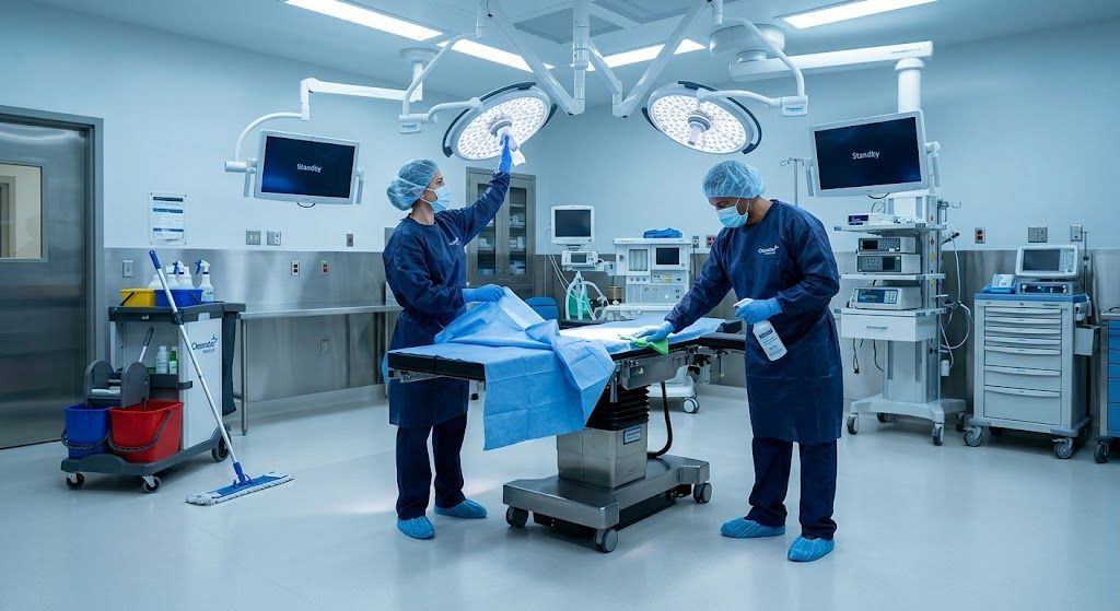 Cleanstar technicians in full sterile PPE perform terminal cleaning on an operating table.