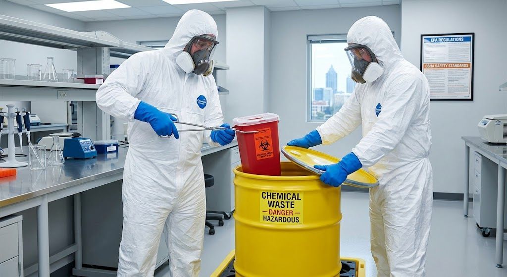 Two Cleanstar National technicians in full sterile PPE safely transfer a red biohazard container into a yellow chemical waste drum inside a modern Atlanta biotech facility.