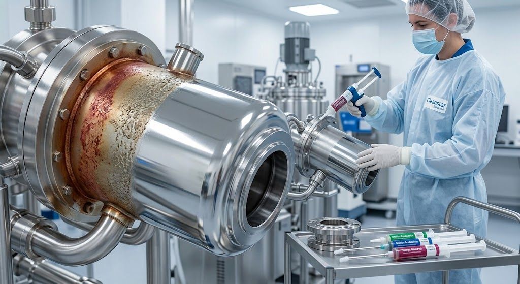 A cleanroom technician in sterile PPE applying treatment to remove severe rouge contamination from a large stainless steel biotech manufacturing vessel.