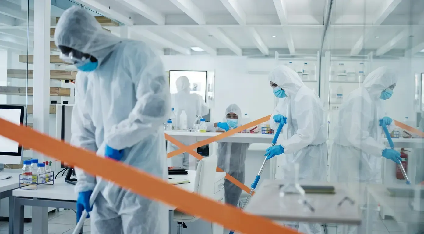 Workers in Full Body Suits Clean Laboratory