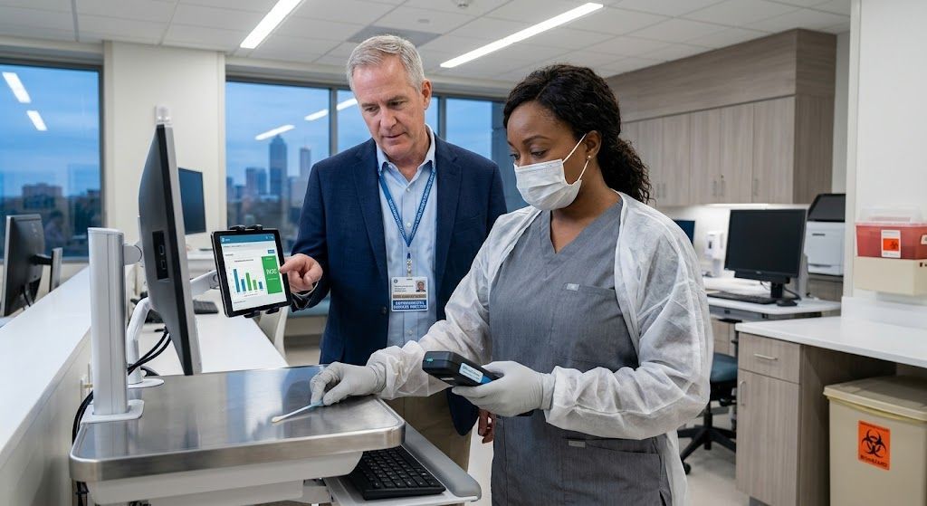 Cleanstar technician performs ATP surface testing in an Atlanta hospital alongside an EVS director.