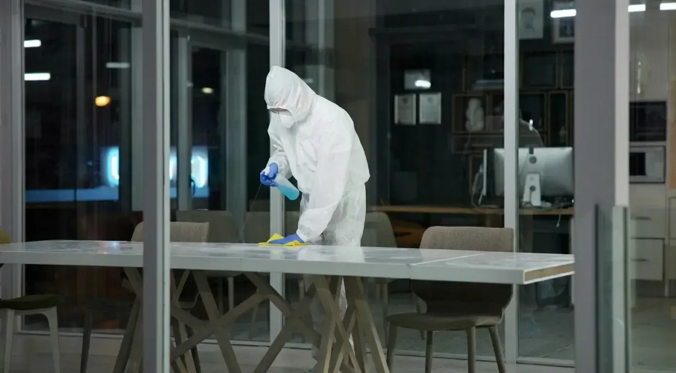 Cleaner, person and cleaning table office for fumigation, spray disinfect and safety suit from dise