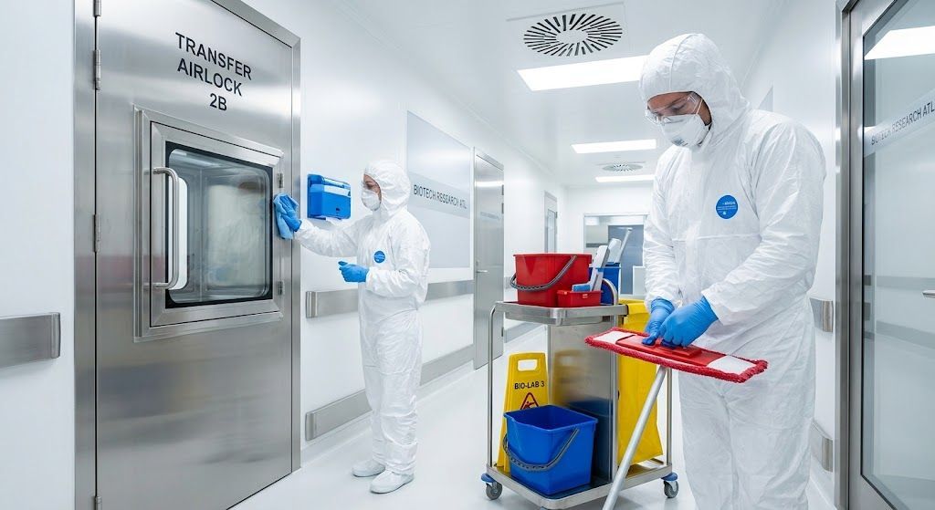 Two specialized technicians demonstrating segregated, color-coded cleanroom cleaning protocols and disinfecting an airlock transfer hatch.