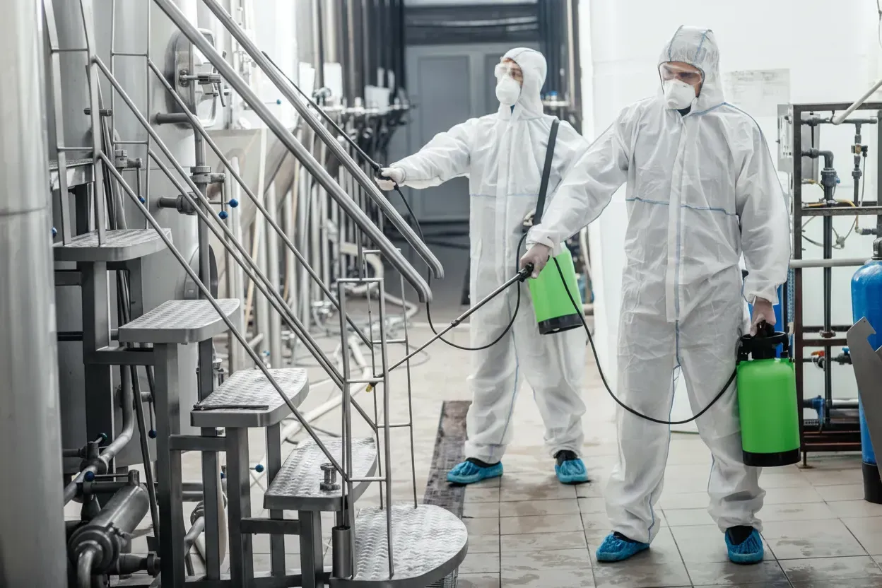 Guys in protective suits and glasses disinfect with spray bags to factory