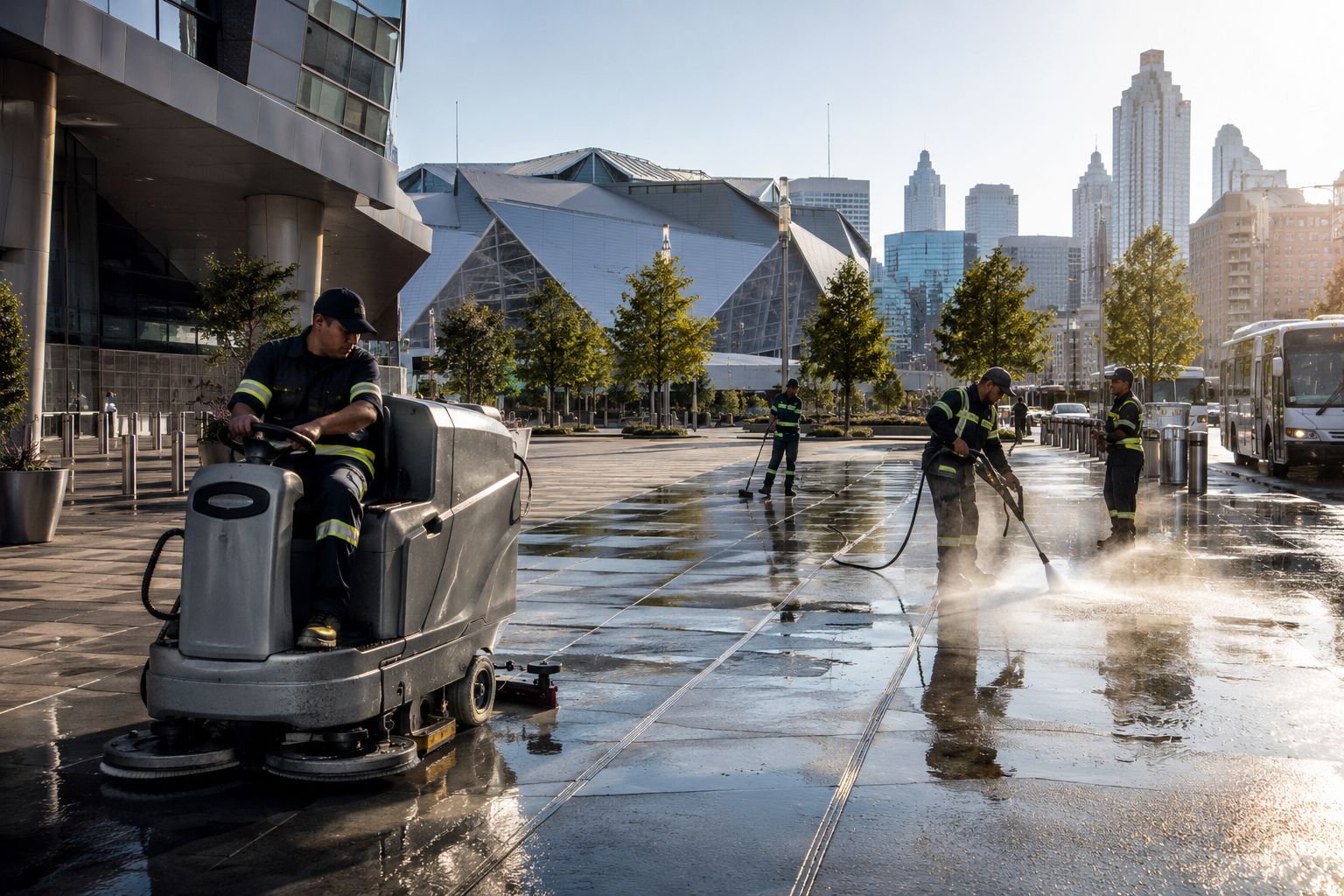 Commercial cleaning crews restoring Atlanta facilities after FIFA World Cup 2026 events including st