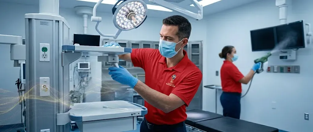 Cleanstar National staff performing OR terminal cleaning in an Atlanta hospital for the World Cup.
