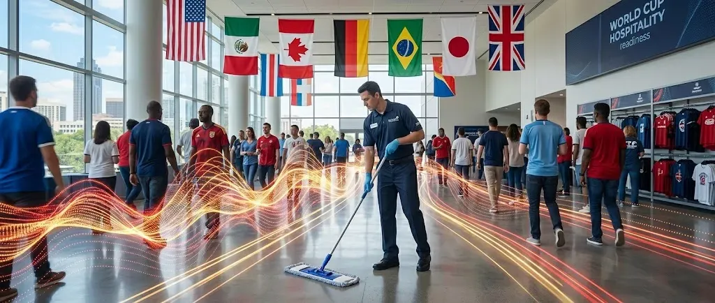Day porter cleaning a high-traffic Atlanta luxury hotel lobby during the 2026 World Cup.