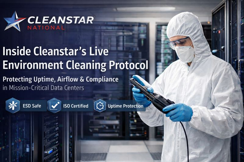 Cleanstar National technician performing ESD-safe data center cleaning inside an active server room 
