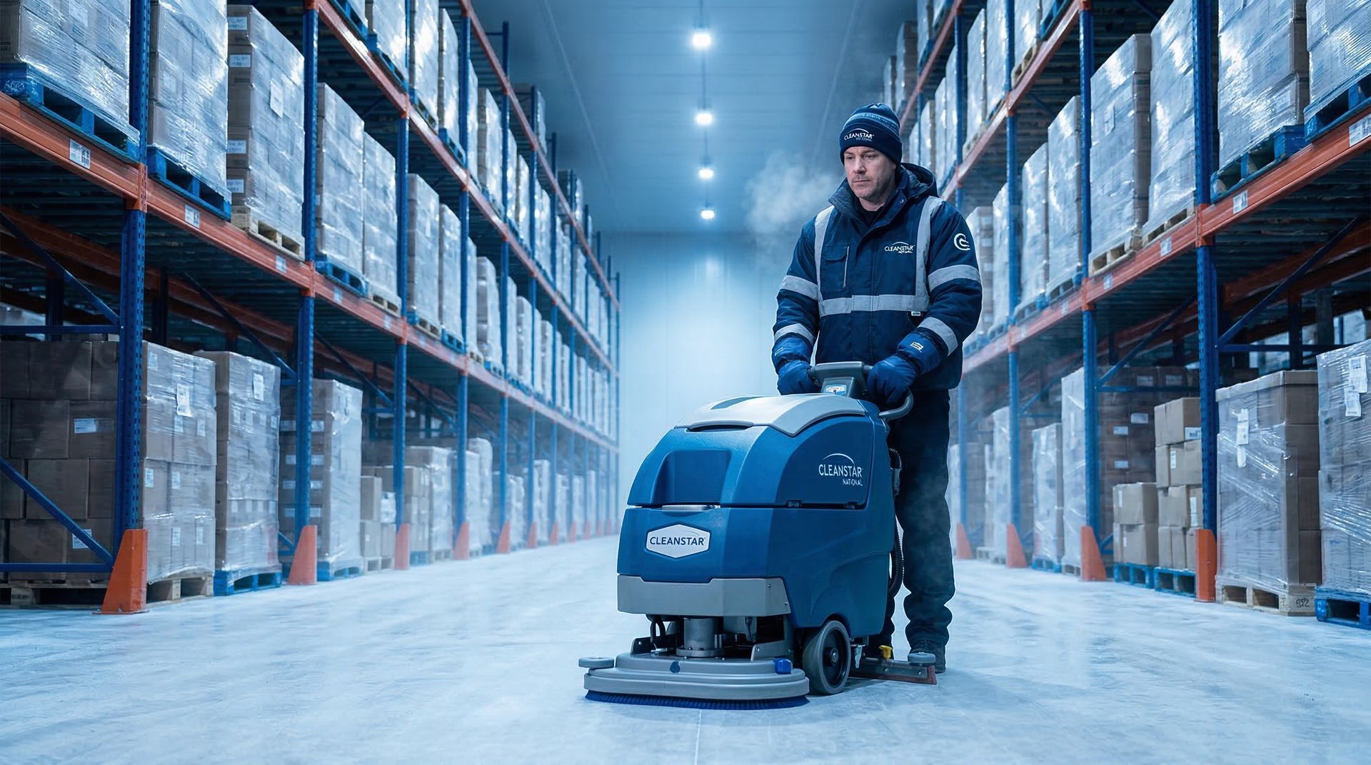 specialized low-temperature floor scrubber inside a massive cold storage food distribution center GA