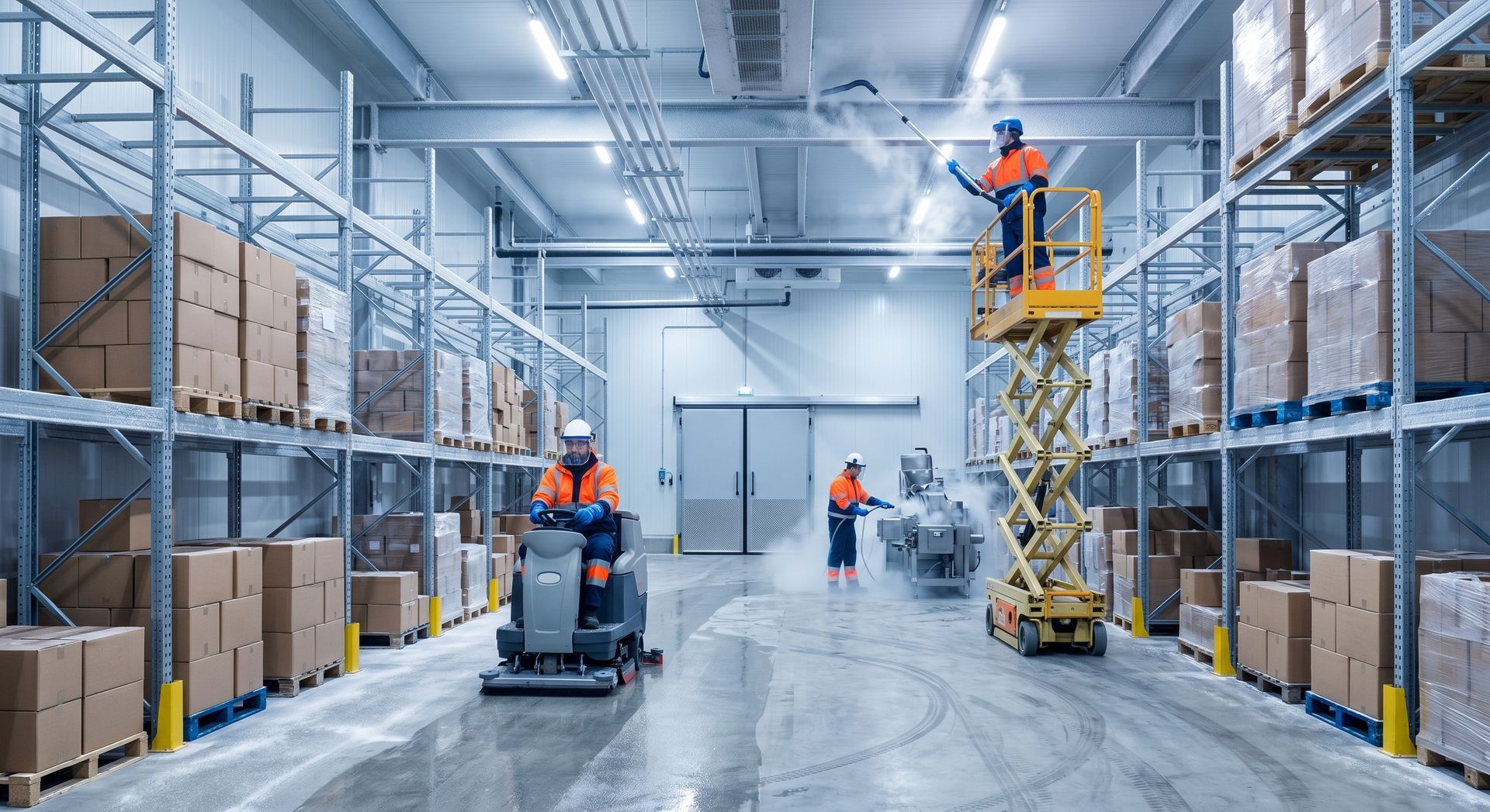 Cleanstar National industrial sanitation professionals using heavy-duty scrubbers and high-reach equipment to deep clean a commercial cold storage warehouse and blast freezer facility in Atlanta.