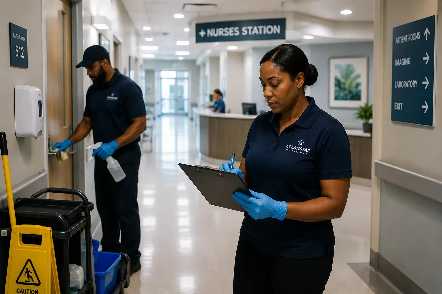 Commercial cleaning team inspecting a healthcare facility in Atlanta before an audit with Cleanstar