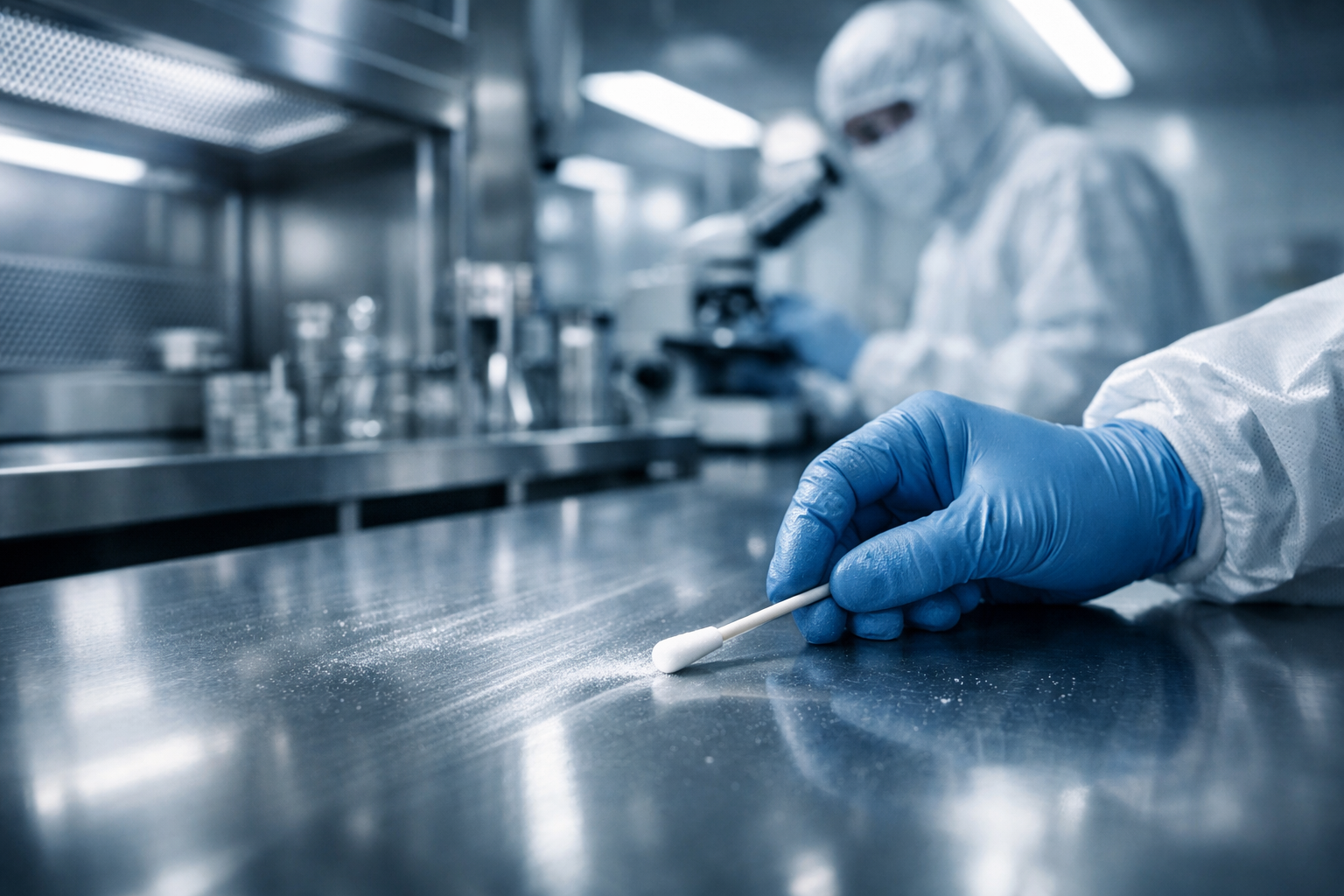 Professional technician performing biotech facility cleaning to remove chemical contamination.