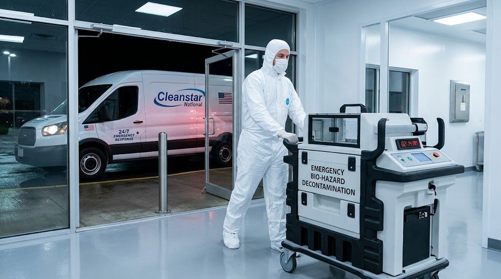 Cleanstar National technician in full PPE deploying emergency bio-hazard response equipment at a Metro Atlanta critical facility at 02:14 AM, with a marked rapid response vehicle visible outside.
