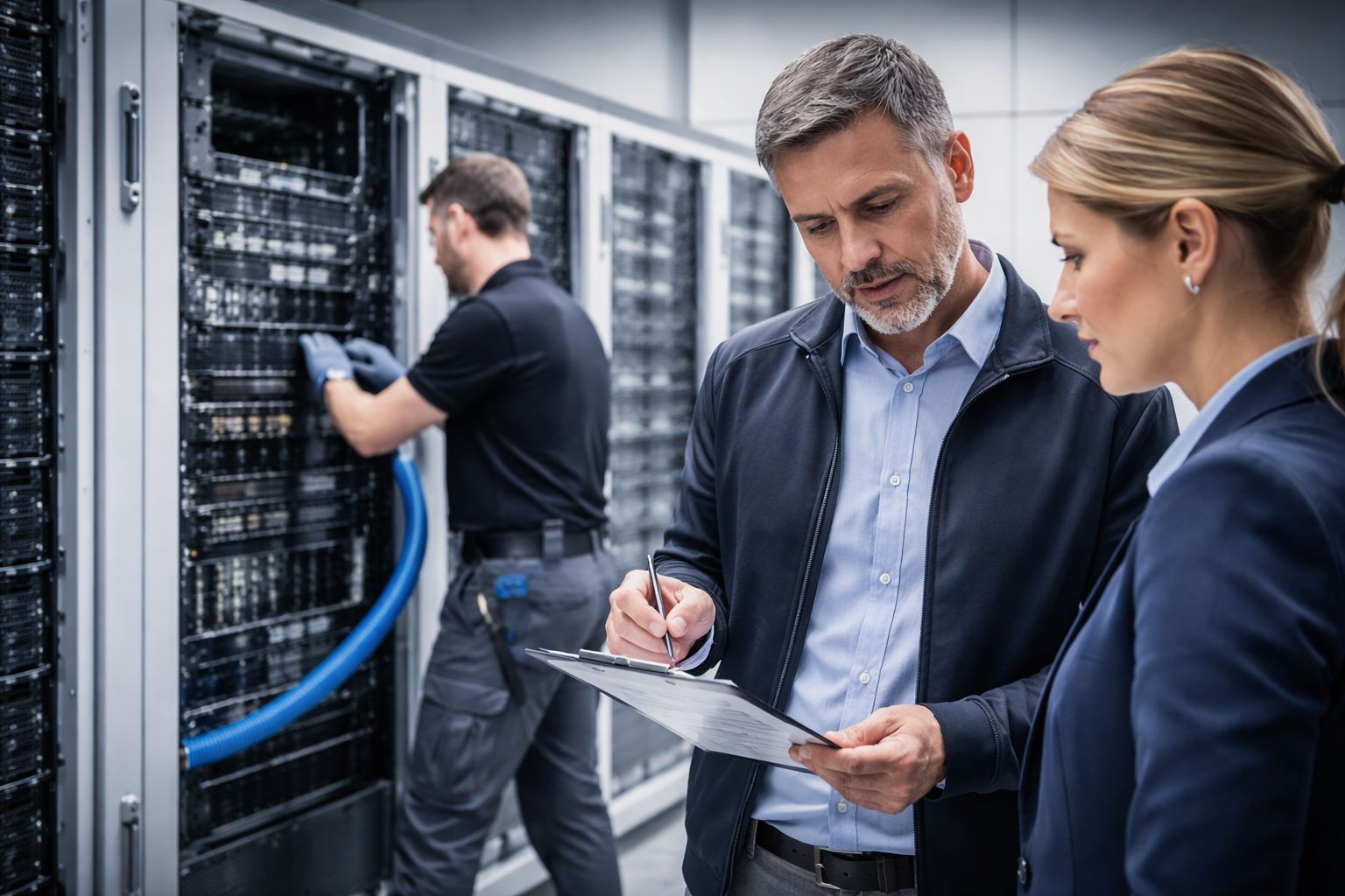 Data center managers assessing cleaning procedures and operational standards in a server room.