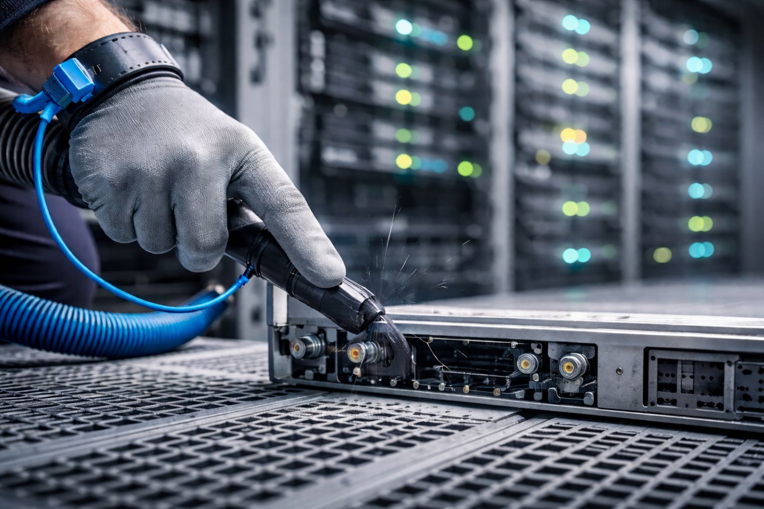 Grounded ESD safe cleaning procedure inside a mission critical data center server room.