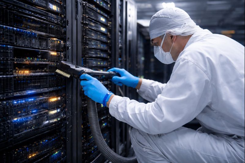 ESD-safe data center cleaning using HEPA vacuum and anti-static tools on server racks