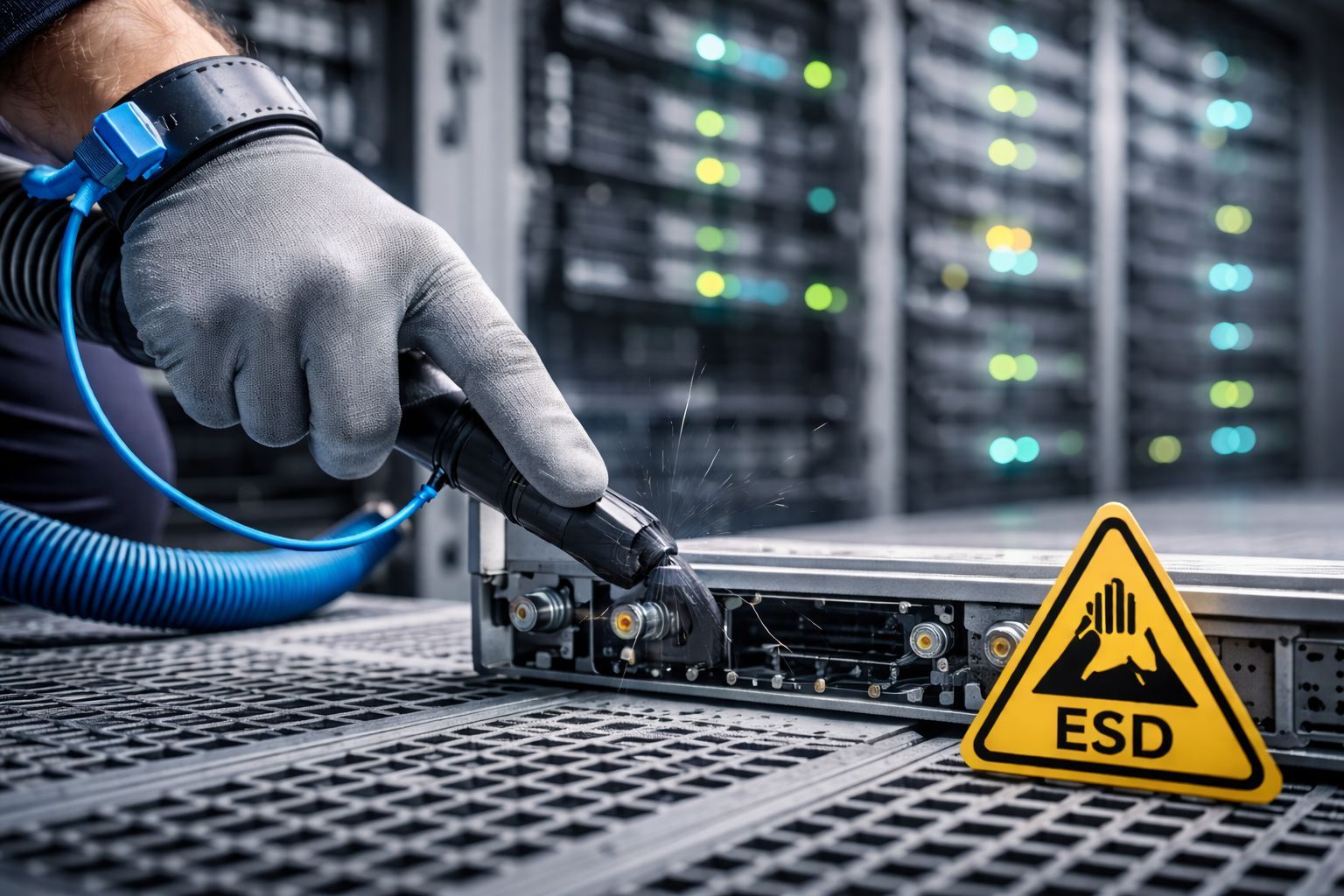 ESD safe cleaning procedure in a data center server environment using grounded equipment.