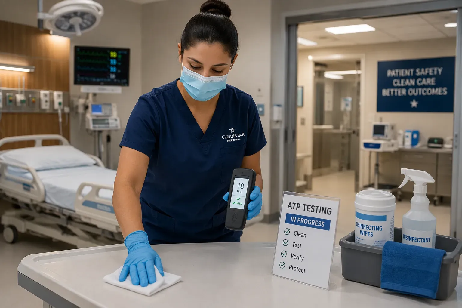 Healthcare cleaning professionals disinfecting patient care areas inside a modern Atlanta hospital