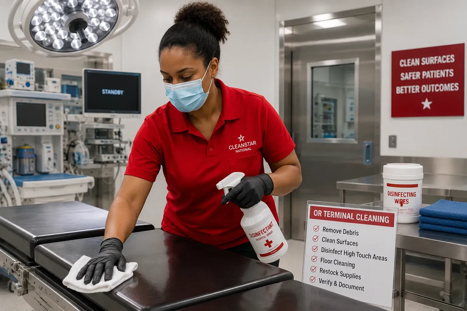 Hospital infection control cleaning inside an Atlanta surgical suite focused on patient safety