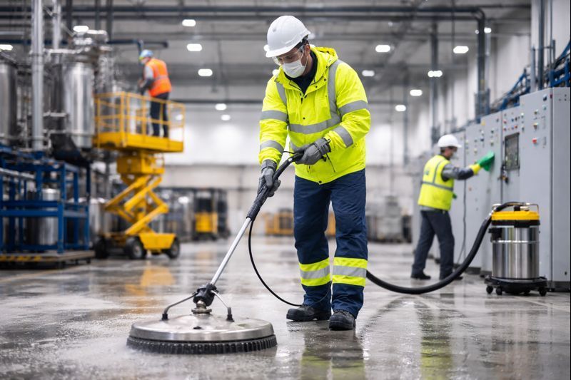Man using a floor cleaner to clean an industrial space, showcasing top industrial cleaning services. Man using a floor cleaner to clean an industrial space, showcasing top industrial cleaning services.