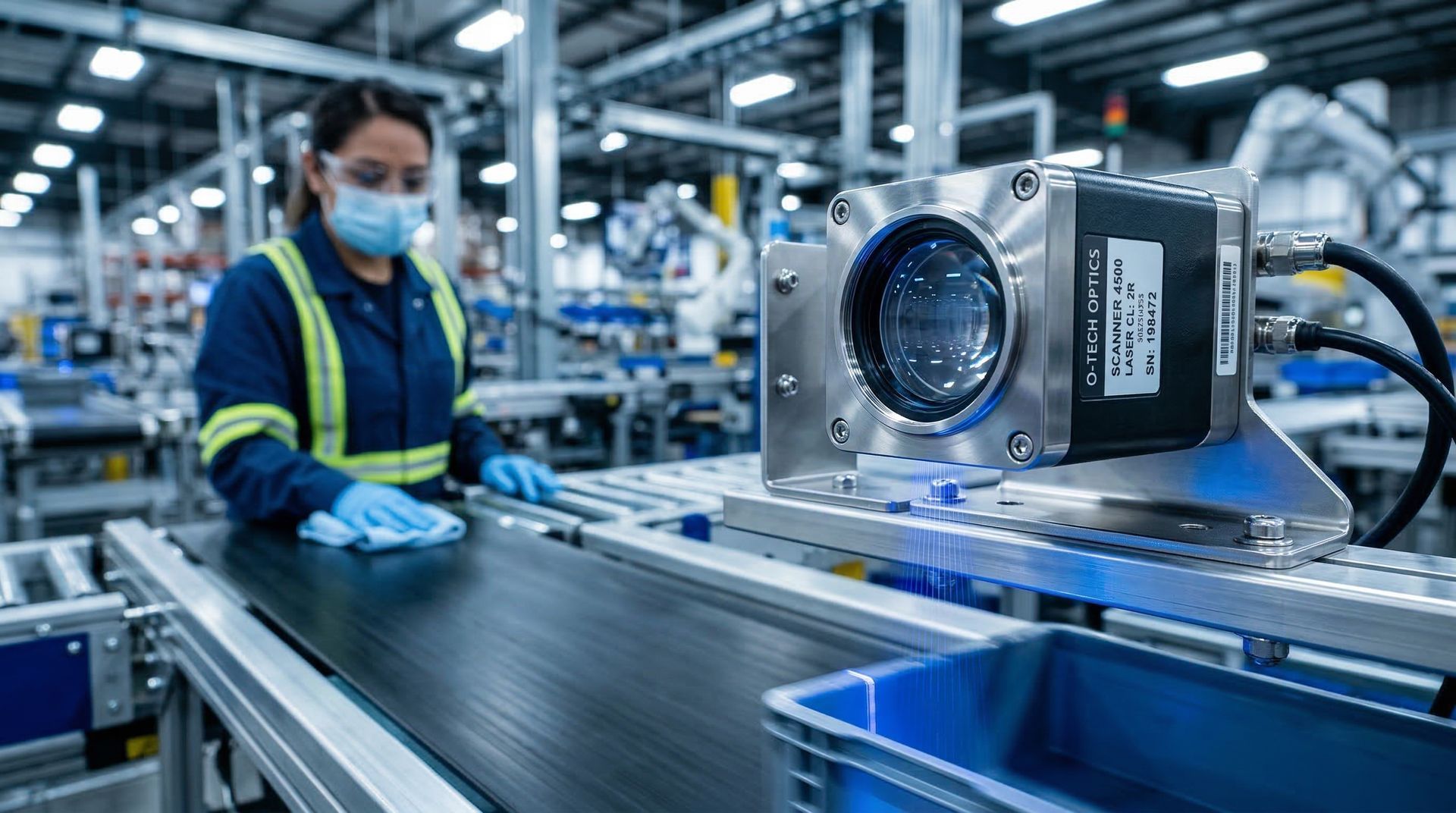 Close-up of a spotless, dust-free optical laser sensor on an automated warehouse conveyor belt, with a Cleanstar National technician performing preventative micro-dust cleaning in the background.