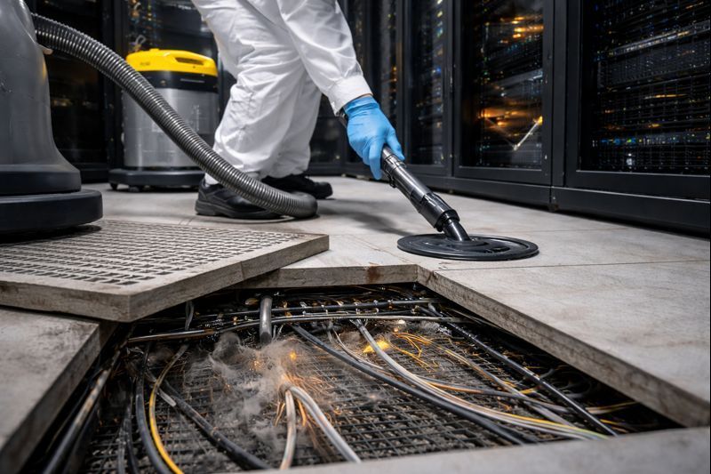 Raised floor data center cleaning showing underfloor dust, cable trays, and contamination risk