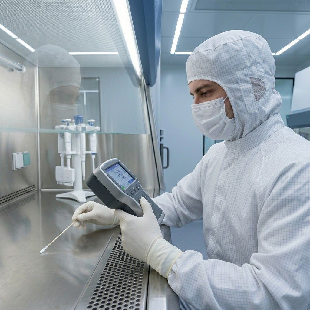 Cleanstar National technician in full PPE conducting ATP (sterilization integrity) testing during a critical environment risk audit in an Atlanta cleanroom.