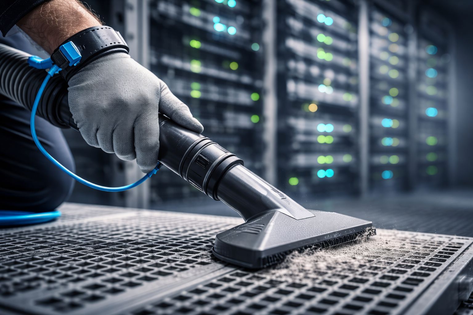 ESD safe vacuum cleaning raised floor panel inside a mission critical data center.