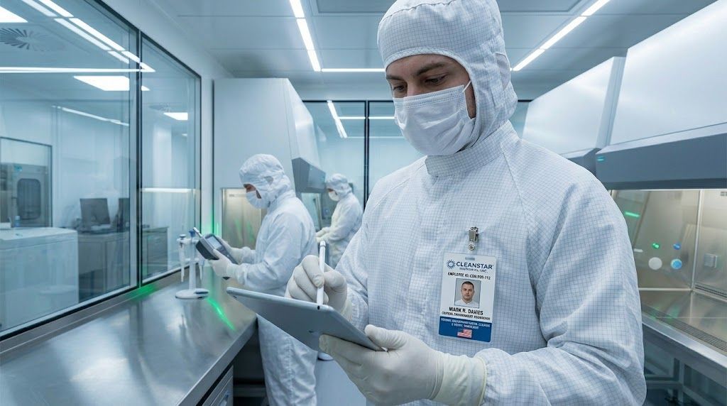 A fully vetted and E-Verified Cleanstar National technician reviewing a compliance checklist during a critical environment risk audit in Atlanta.